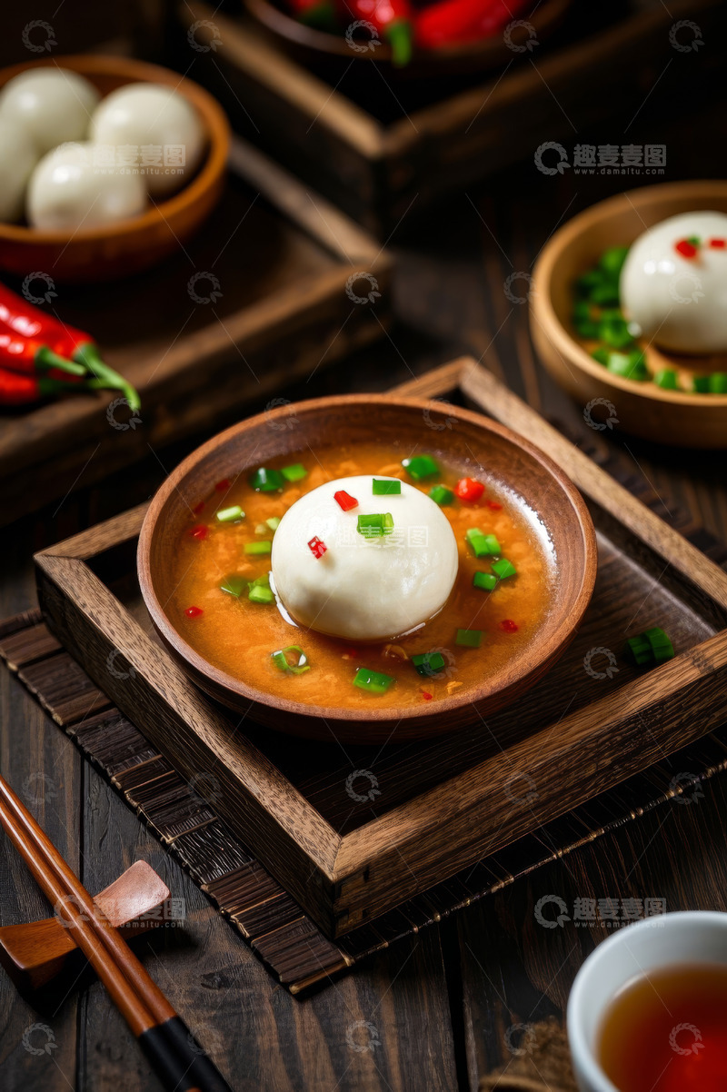高清大图下载【趣麦麦图】木碗盛装的美味手工汤圆