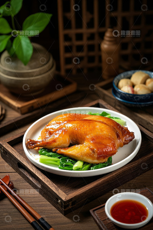 中式摆盘的烤鸡美食