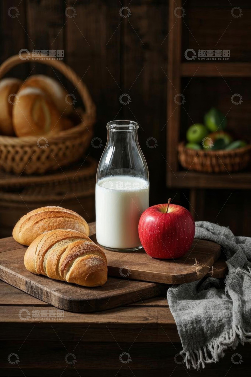 高清大图下载【趣麦麦图】木制桌面上的牛奶面包与苹果