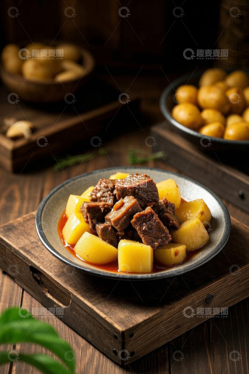 高清大图下载【趣麦麦图】木盘装土豆烧牛肉菜品