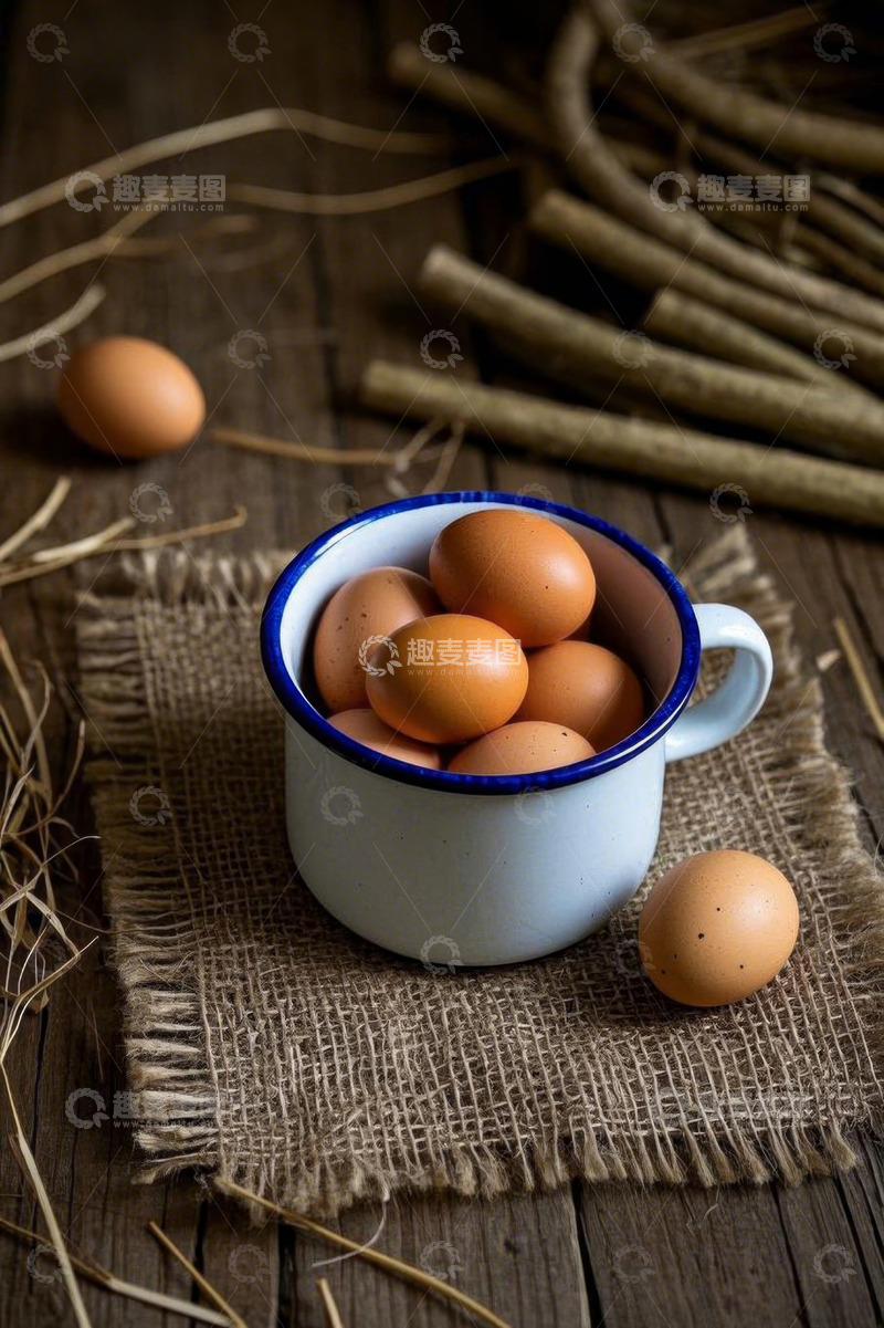 高清大图下载【趣麦麦图】木桌上搪瓷杯装着的新鲜鸡蛋