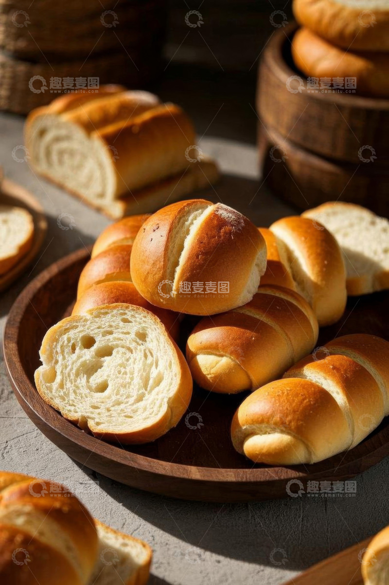 高清大图下载【趣麦麦图】木盘上摆放的各式美味面包