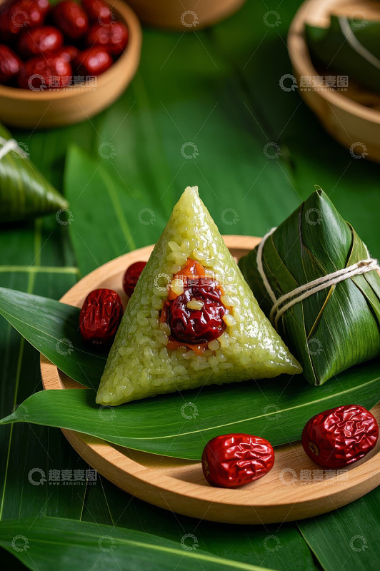 红枣粽叶包裹的传统三角粽子