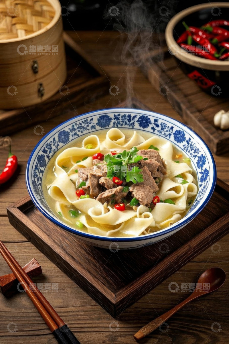 高清大图下载【趣麦麦图】中式木桌牛肉面条特写
