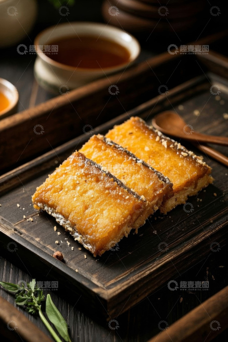 高清大图下载【趣麦麦图】木盘上的香煎带鱼配茶饮