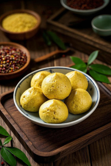 木盘上摆放的传统面点窝窝头