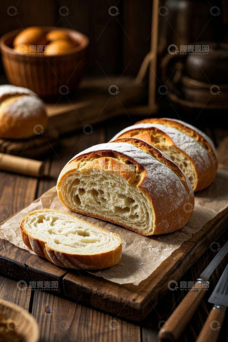 高清大图下载【趣麦麦图】木质桌面上摆放的新鲜面包