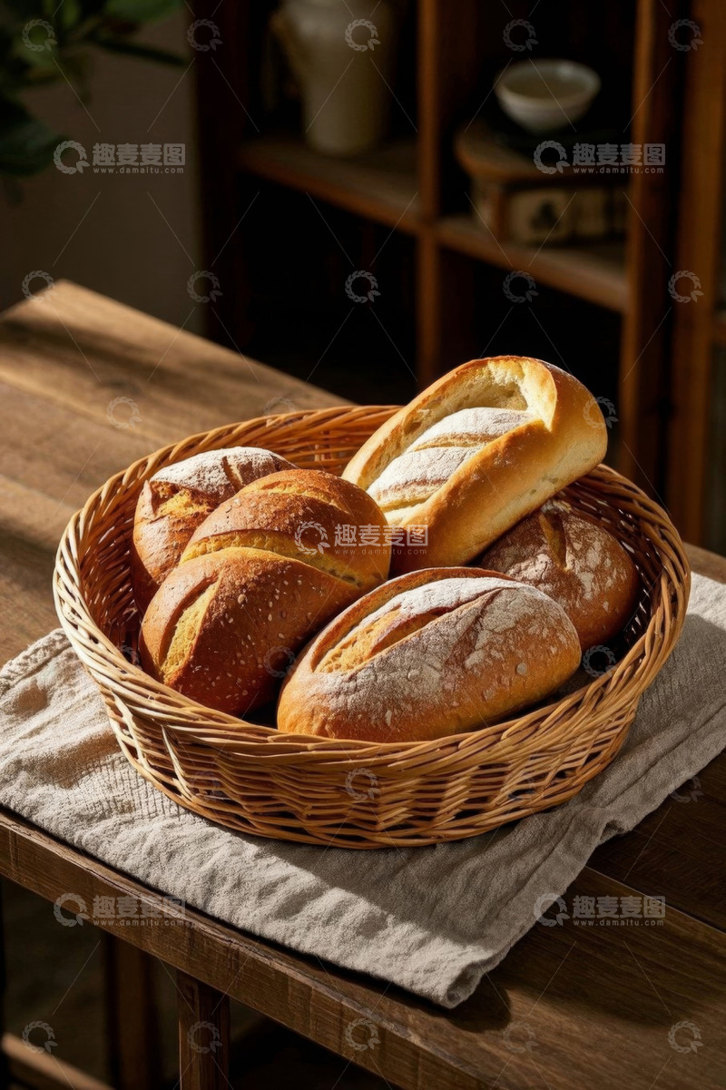 高清大图下载【趣麦麦图】木桌上篮子里的烘焙面包