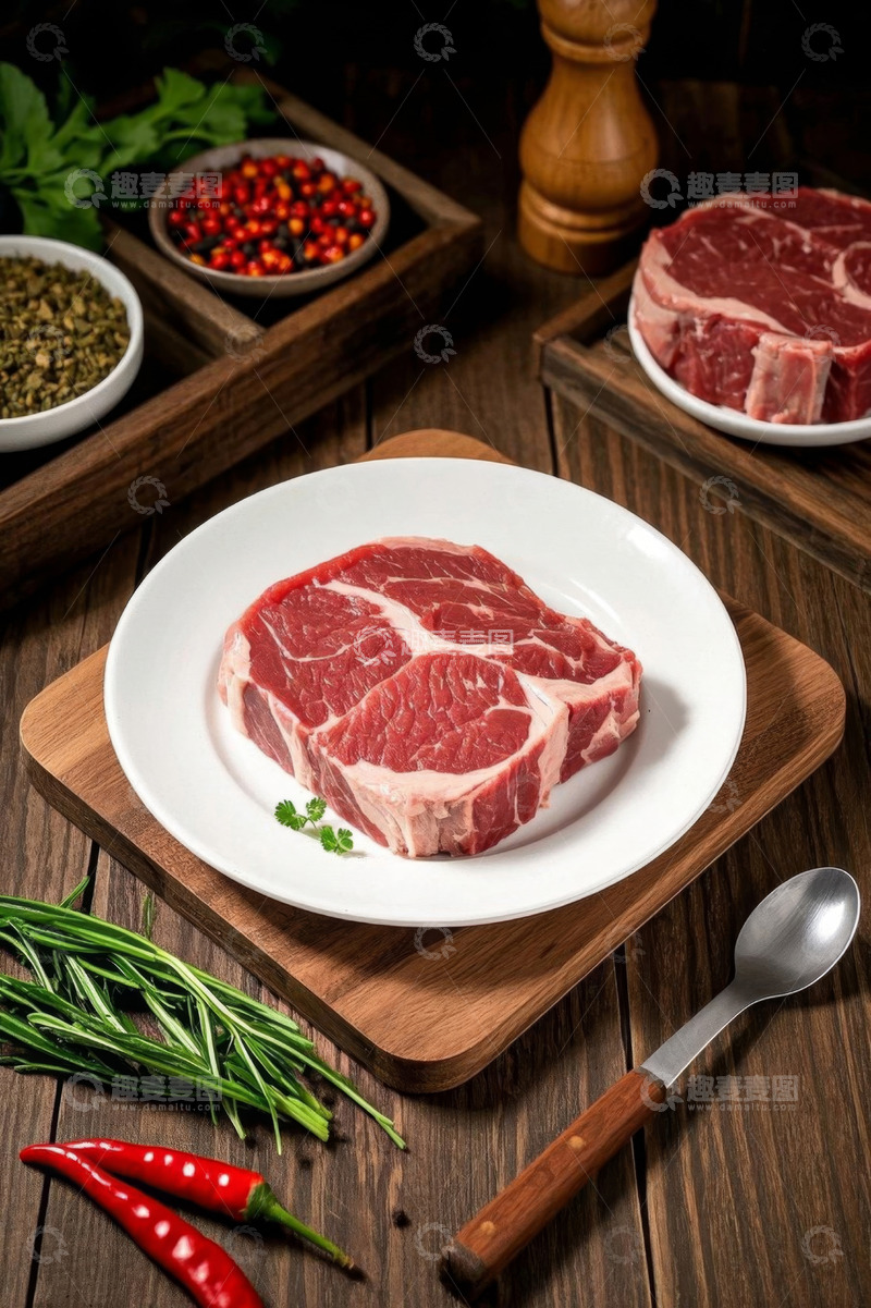 高清大图下载【趣麦麦图】木桌上的新鲜牛排与香料