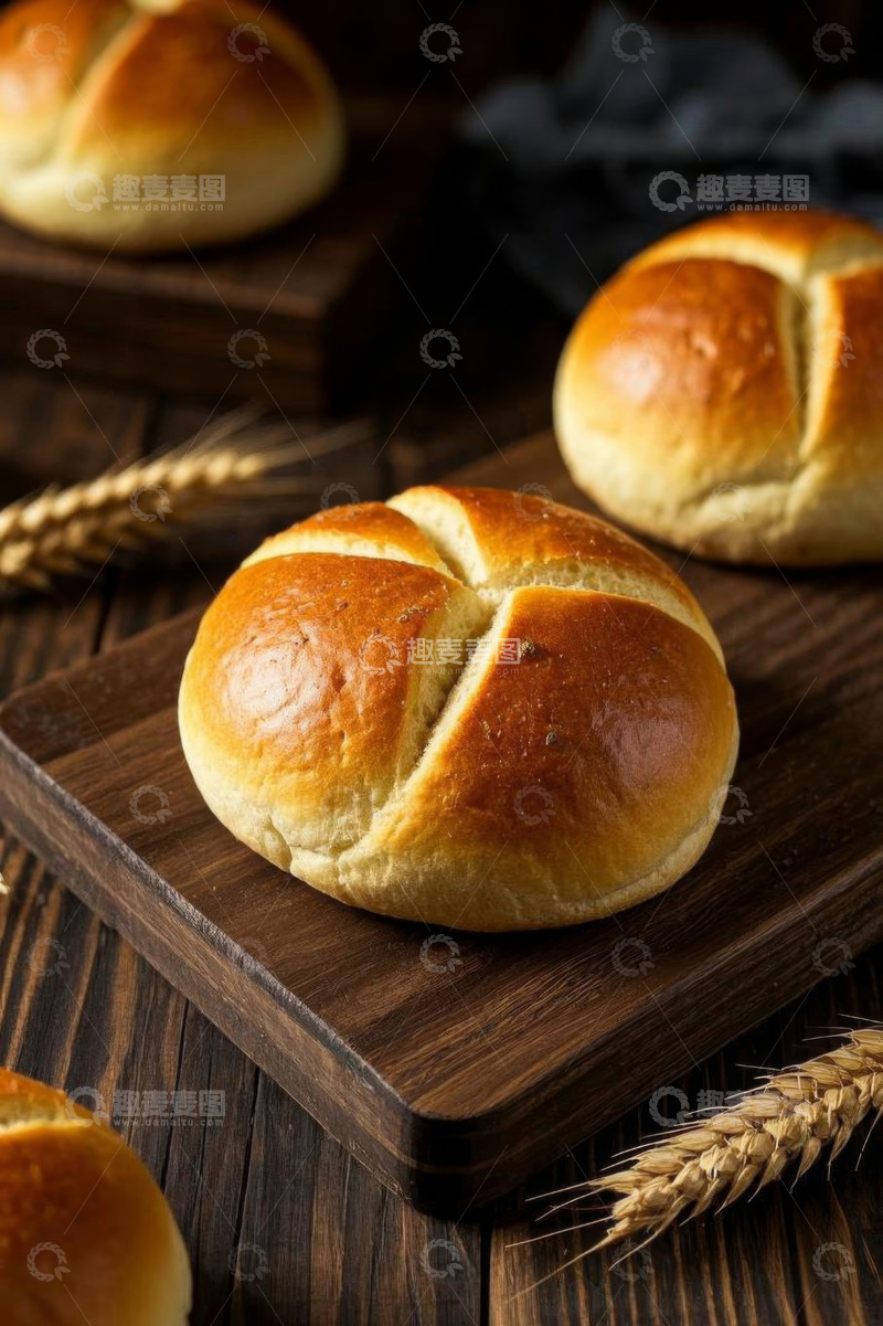 高清大图下载【趣麦麦图】木质案板上摆放的新鲜面包