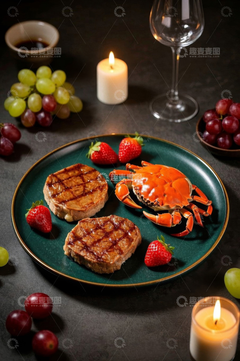 高清大图下载【趣麦麦图】牛排螃蟹烛光晚餐美食场景