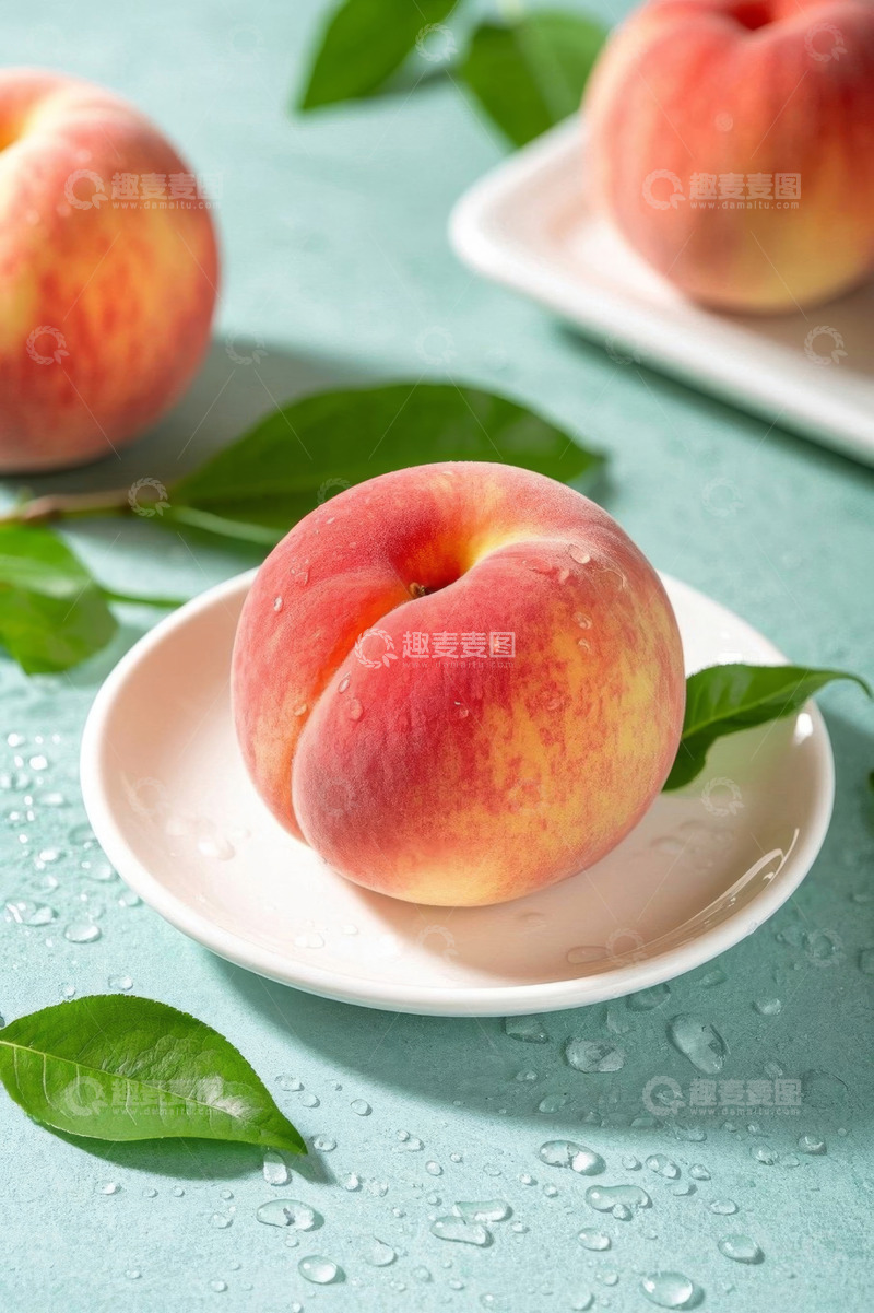高清大图下载【趣麦麦图】浅色背景上的新鲜水蜜桃