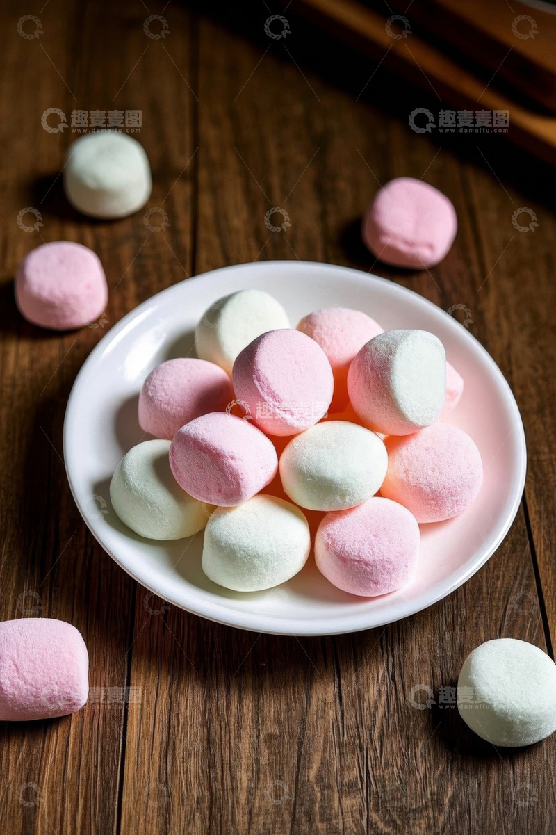 高清大图下载【趣麦麦图】木桌上白盘内的彩色棉花糖