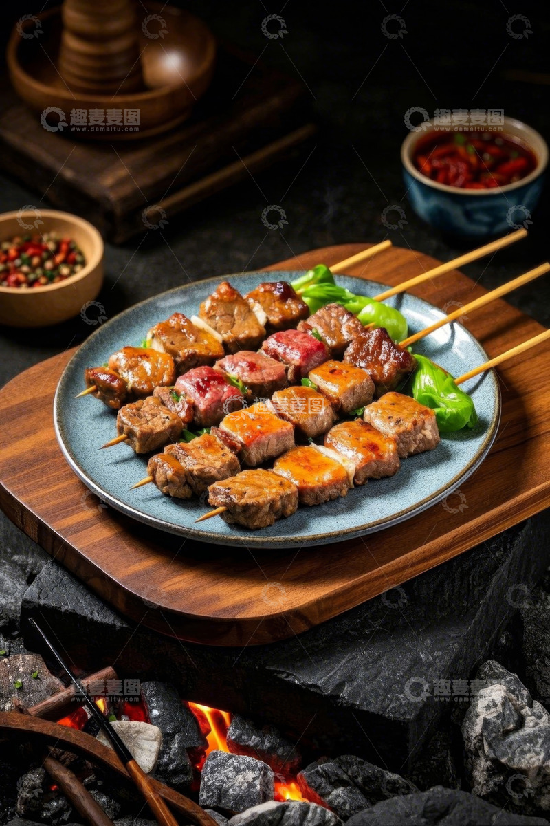 高清大图下载【趣麦麦图】木盘上的烤肉串与蘸料