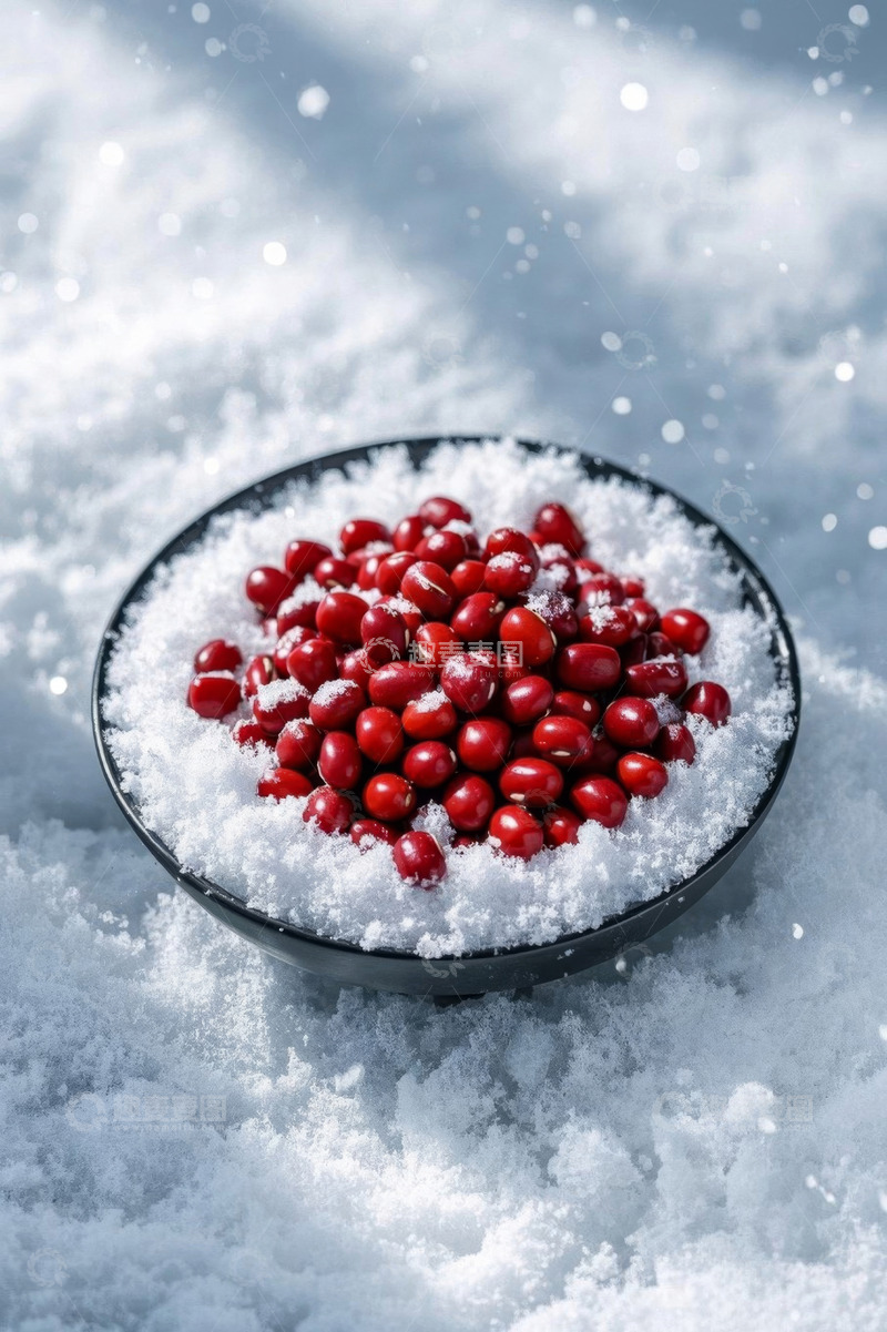 高清大图下载【趣麦麦图】雪中碗装红色浆果特写