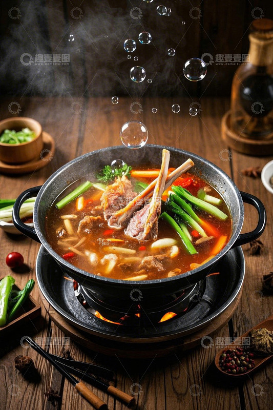 热气腾腾的火锅食材特写
