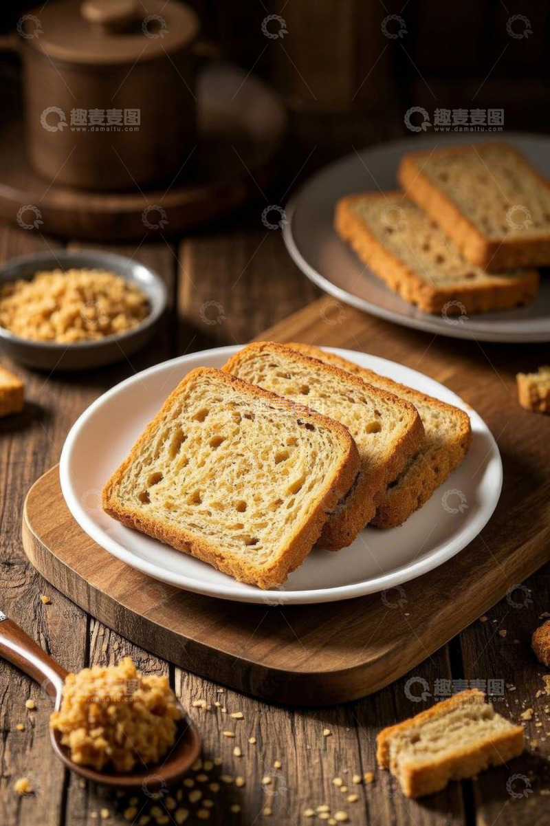 高清大图下载【趣麦麦图】木桌上摆放的切片全麦面包