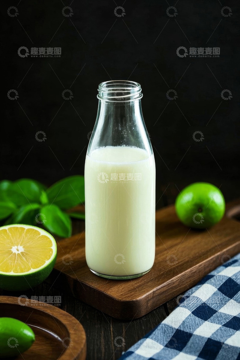 高清大图下载【趣麦麦图】玻璃瓶牛奶搭配青柠与绿叶