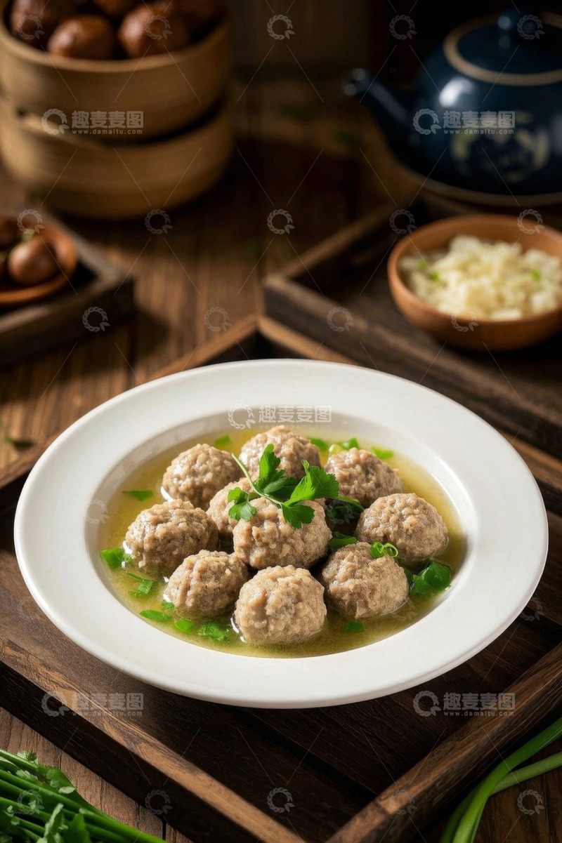 高清大图下载【趣麦麦图】木盘上的肉丸菜品特写