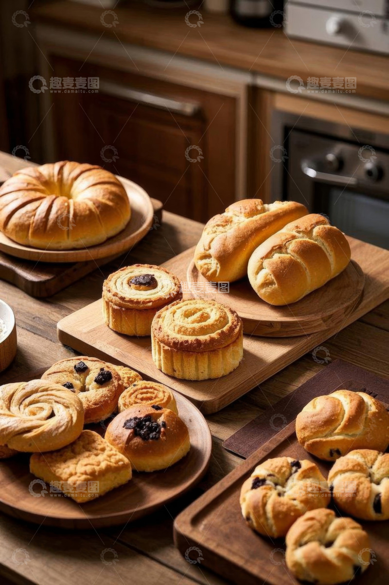 高清大图下载【趣麦麦图】厨房内摆放的各式美味面包