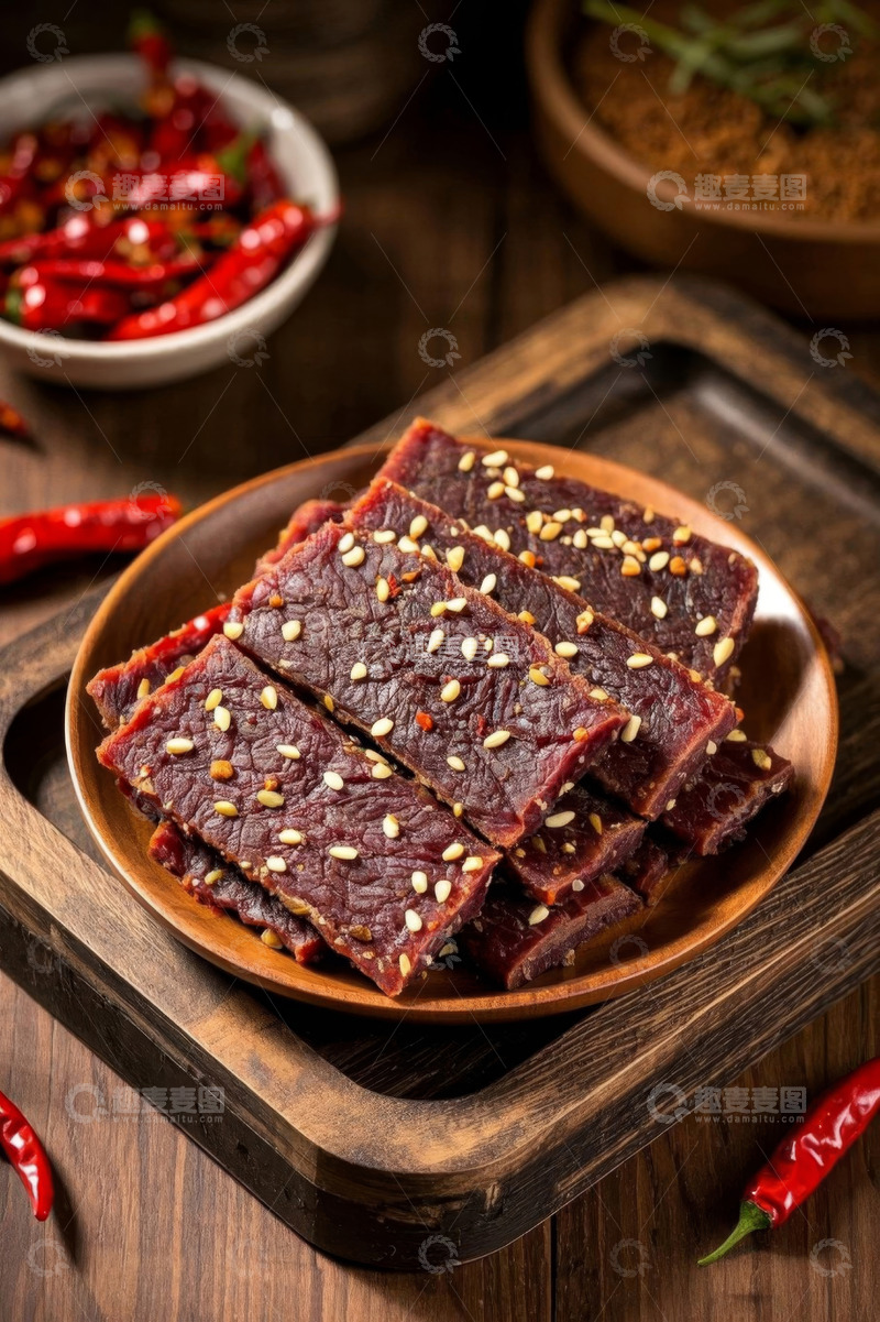 高清大图下载【趣麦麦图】木盘装牛肉干配辣椒佐料