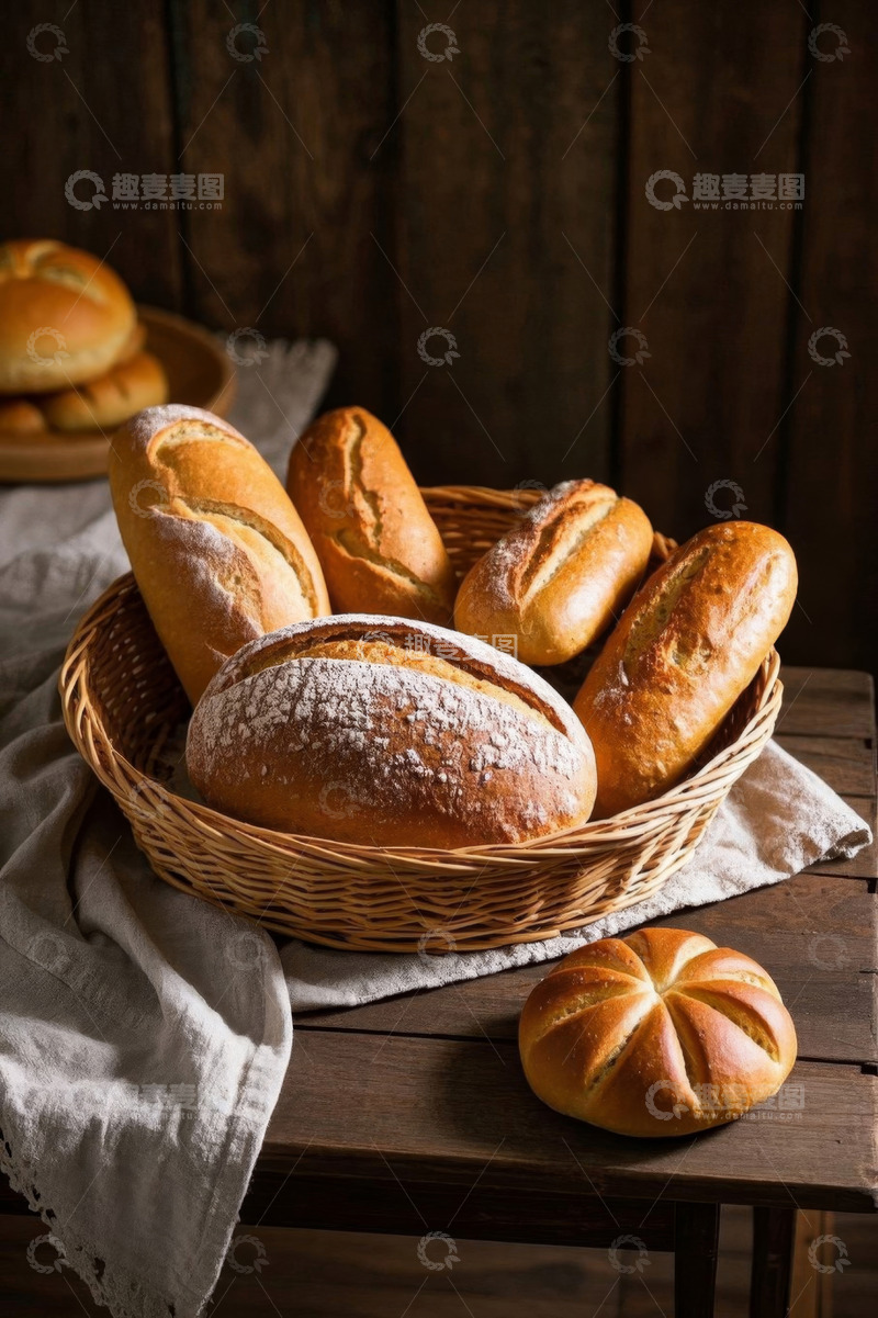 高清大图下载【趣麦麦图】木桌上竹篮装着各式面包