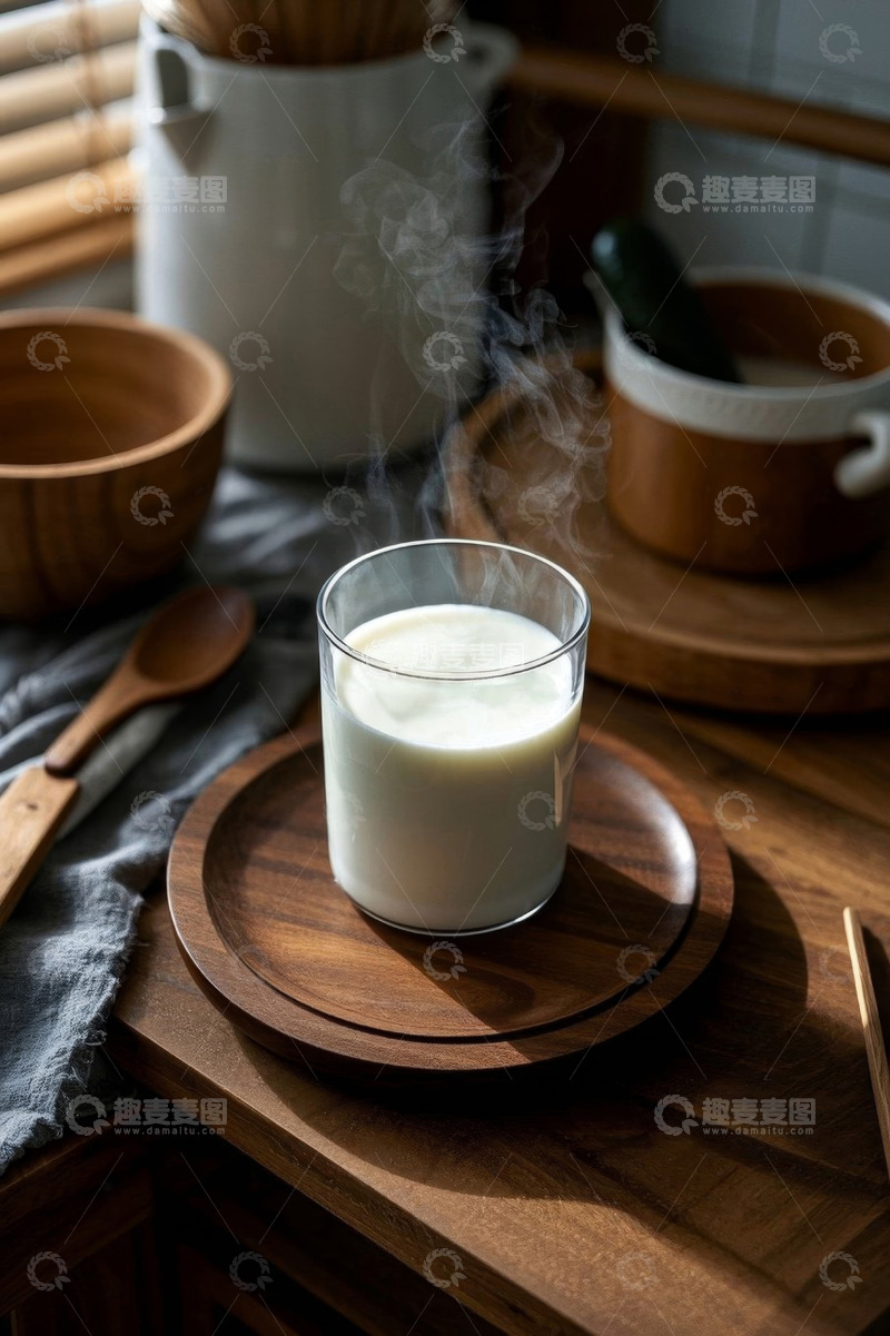 高清大图下载【趣麦麦图】木桌上玻璃杯装热牛奶
