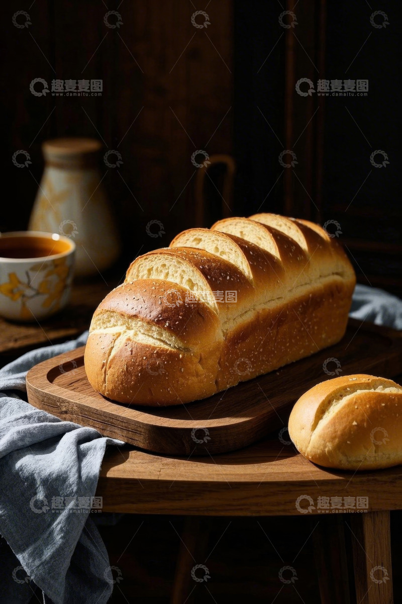 高清大图下载【趣麦麦图】木盘上的新鲜面包静物