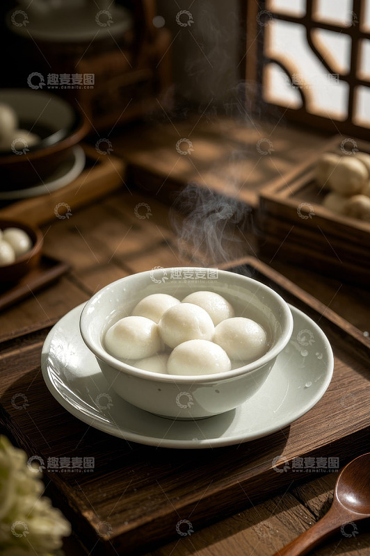 中式木桌上热气腾腾的汤圆