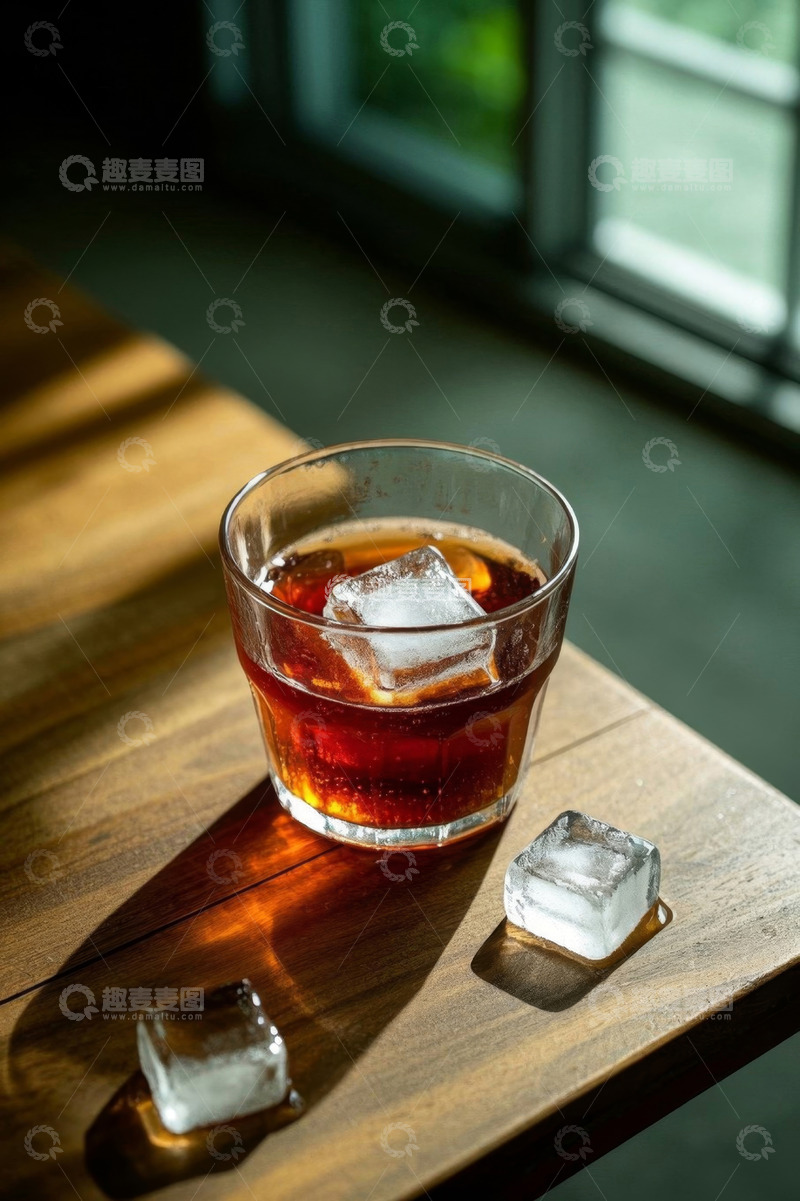 高清大图下载【趣麦麦图】木桌上玻璃杯中的冰饮