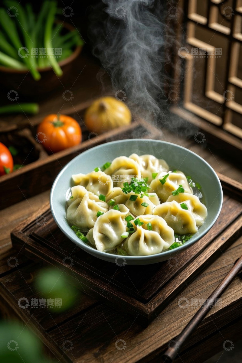 高清大图下载【趣麦麦图】中式木桌上热气腾腾的饺子