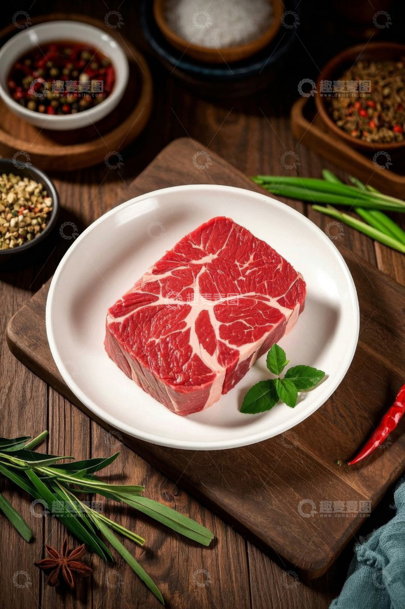 高清大图下载【趣麦麦图】白色盘子上的新鲜牛肉块