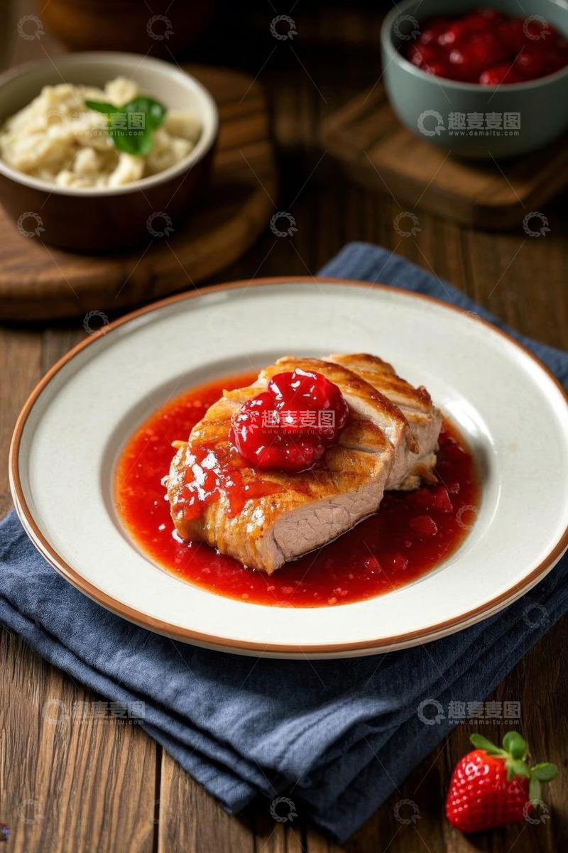 高清大图下载【趣麦麦图】盘中浇草莓酱的烤肉美食