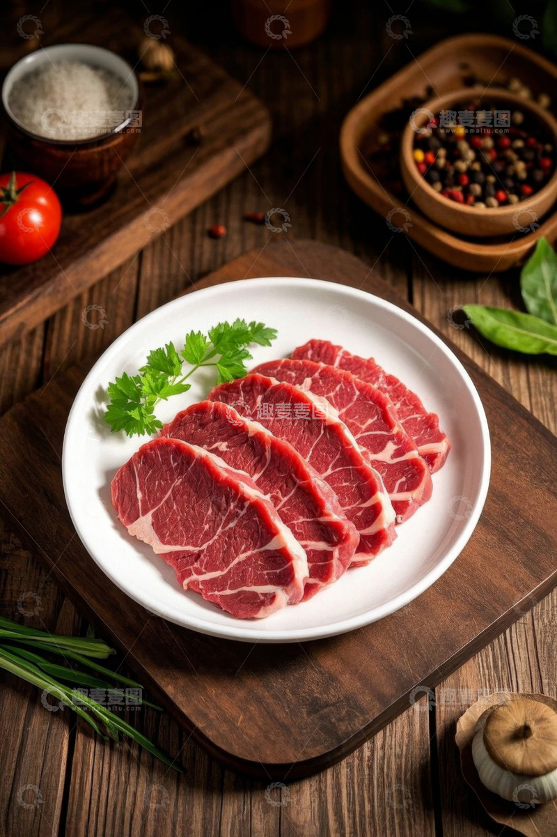 高清大图下载【趣麦麦图】木盘上摆放的新鲜牛肉肉片