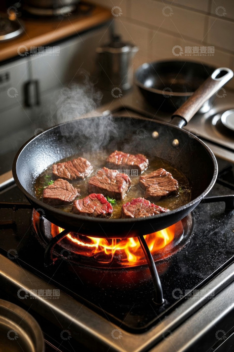 高清大图下载【趣麦麦图】厨房炉灶煎制牛肉画面