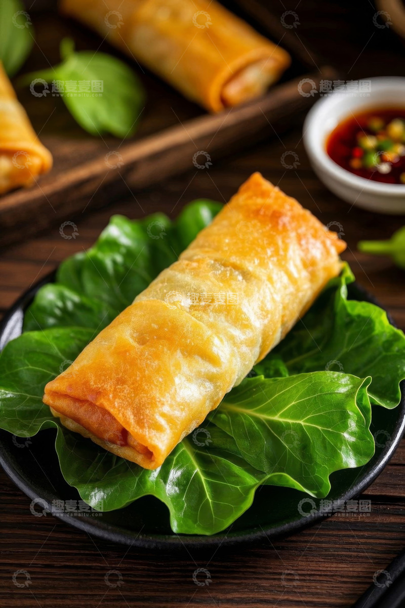 高清大图下载【趣麦麦图】油炸春卷配蘸料美食特写