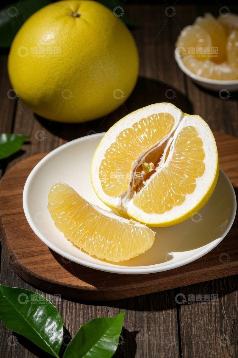 高清大图下载【趣麦麦图】木桌上的柚子摆盘特写