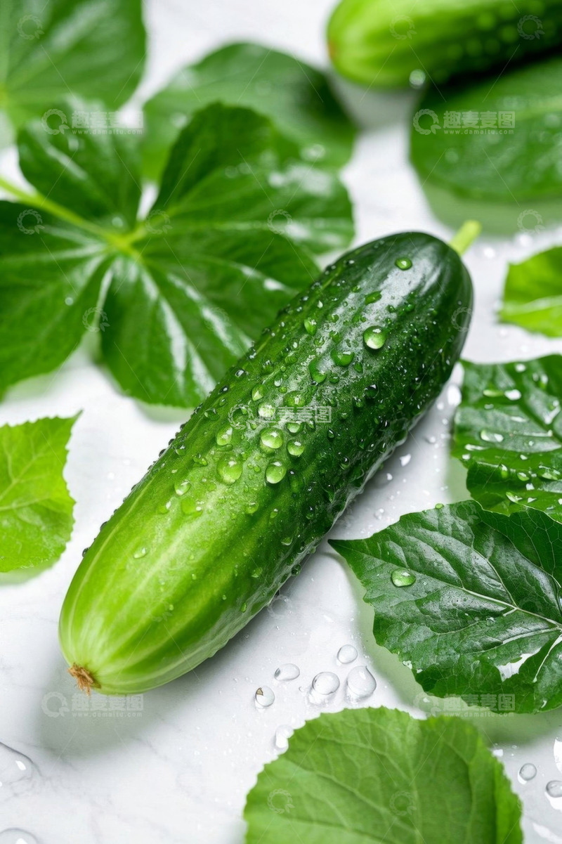 高清大图下载【趣麦麦图】新鲜带水珠黄瓜与绿叶
