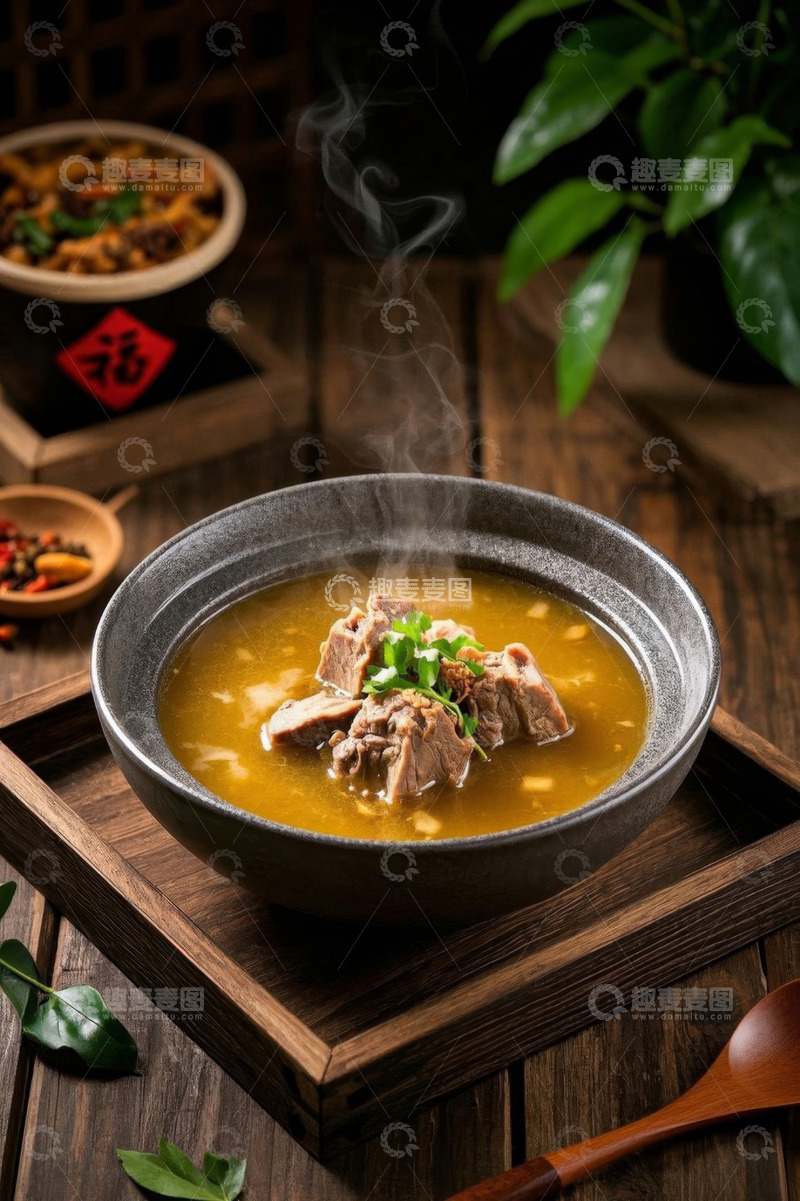 高清大图下载【趣麦麦图】木盘上的热乎美味肉骨汤
