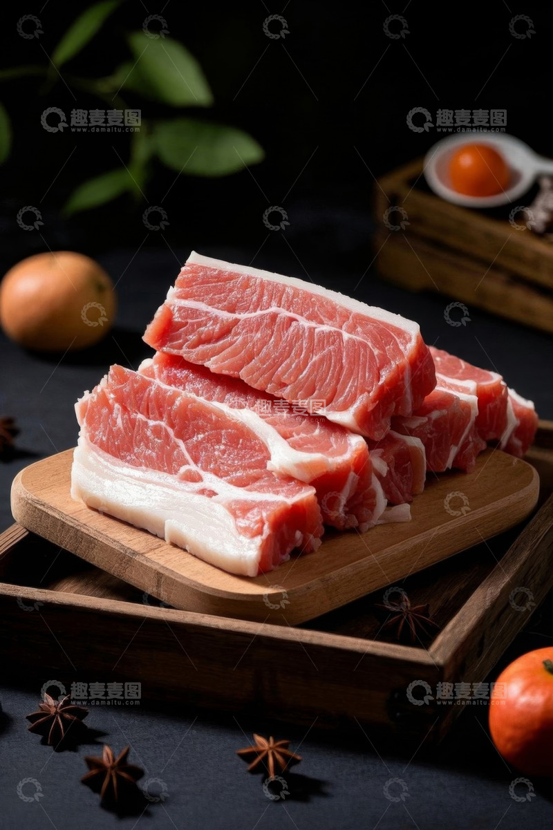 高清大图下载【趣麦麦图】木盘上摆放的新鲜五花肉食材