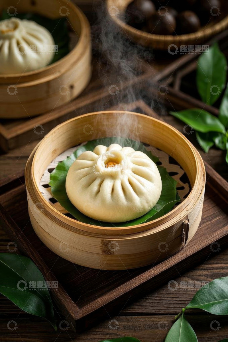 高清大图下载【趣麦麦图】竹制蒸笼里的热气腾腾包子