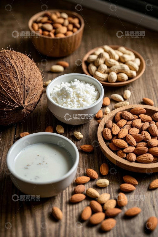木桌摆放坚果及椰子制品