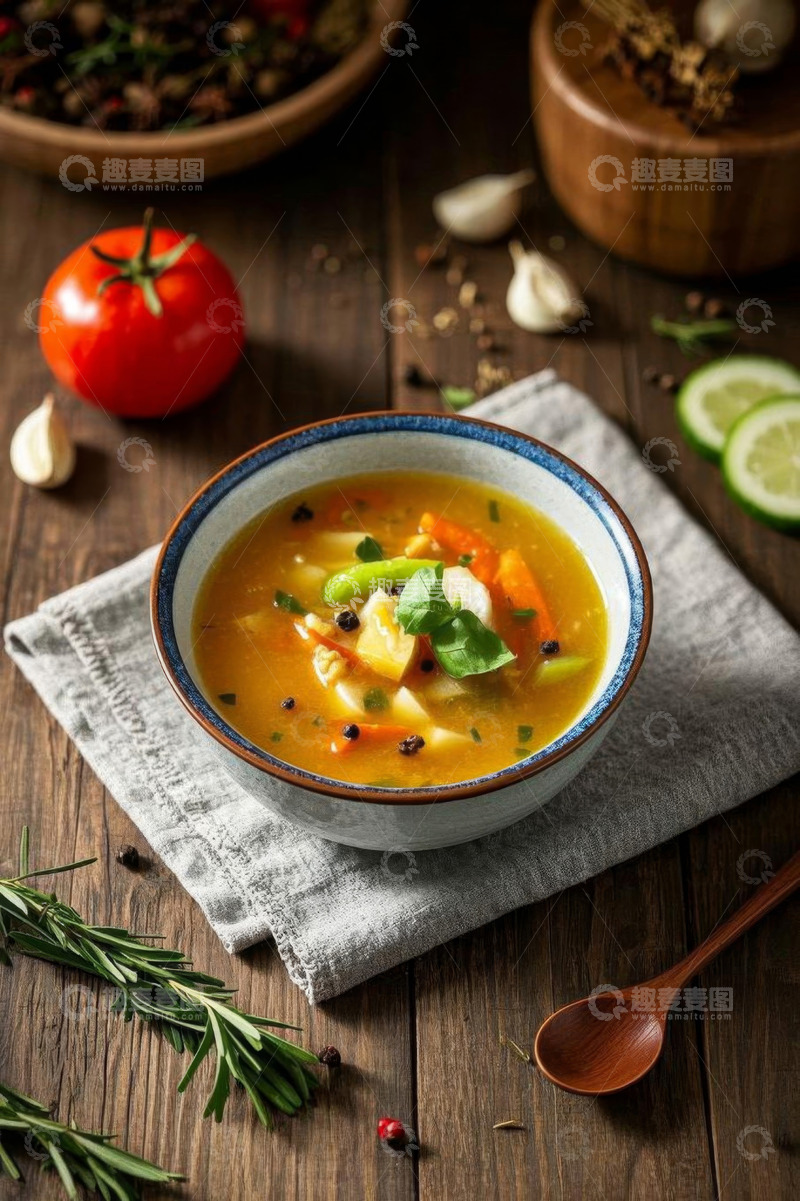 高清大图下载【趣麦麦图】木桌摆放下的蔬菜汤碗