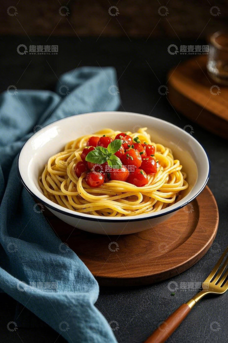 高清大图下载【趣麦麦图】碗装意大利面配番茄罗勒