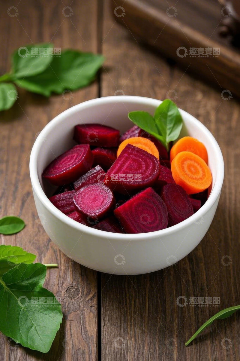 高清大图下载【趣麦麦图】木桌上白碗盛红色切片蔬菜