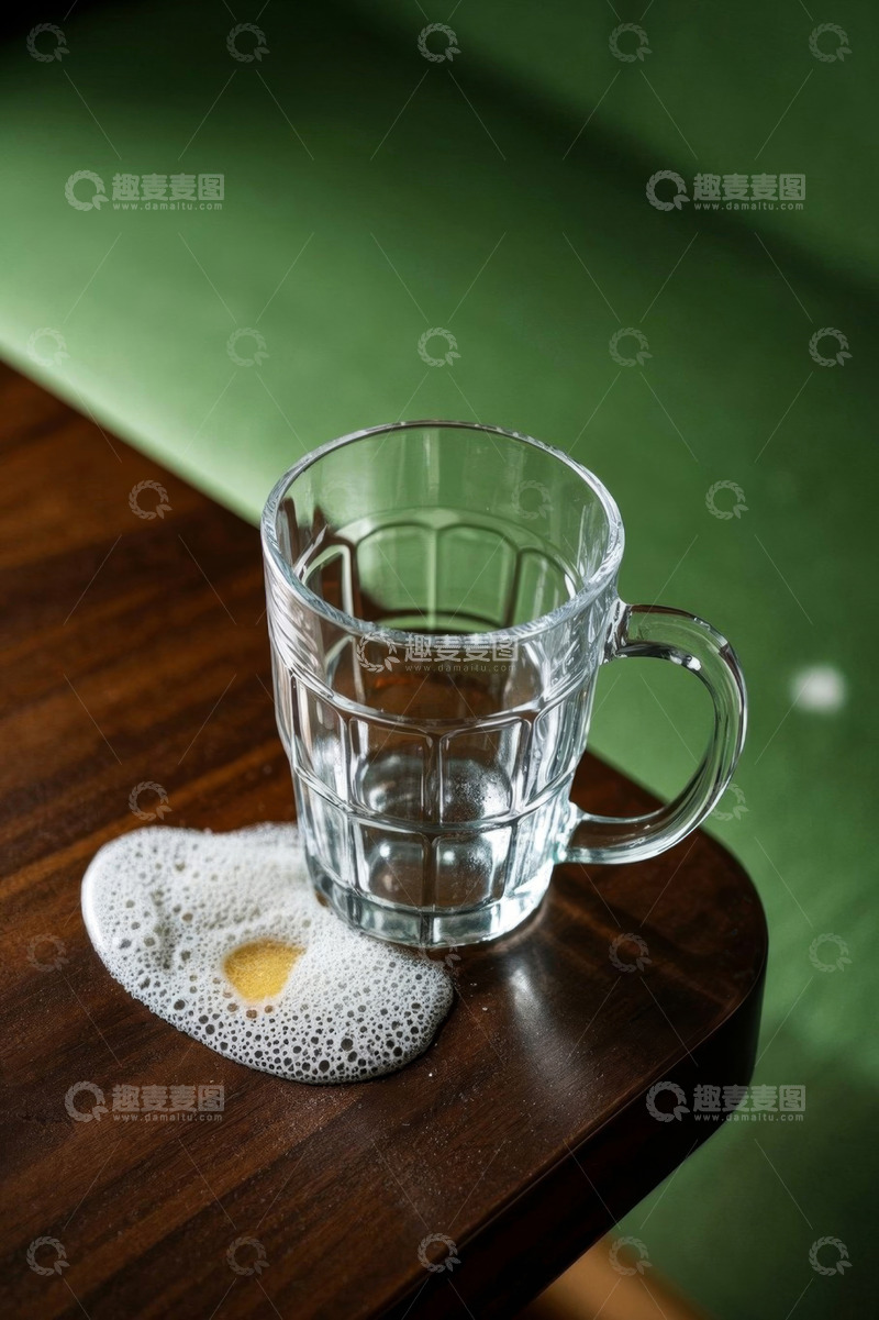 高清大图下载【趣麦麦图】木桌上的空玻璃啤酒杯及泡沫