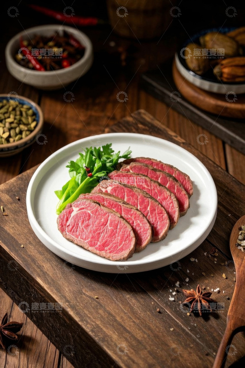 高清大图下载【趣麦麦图】木桌上摆盘精致的切片牛肉