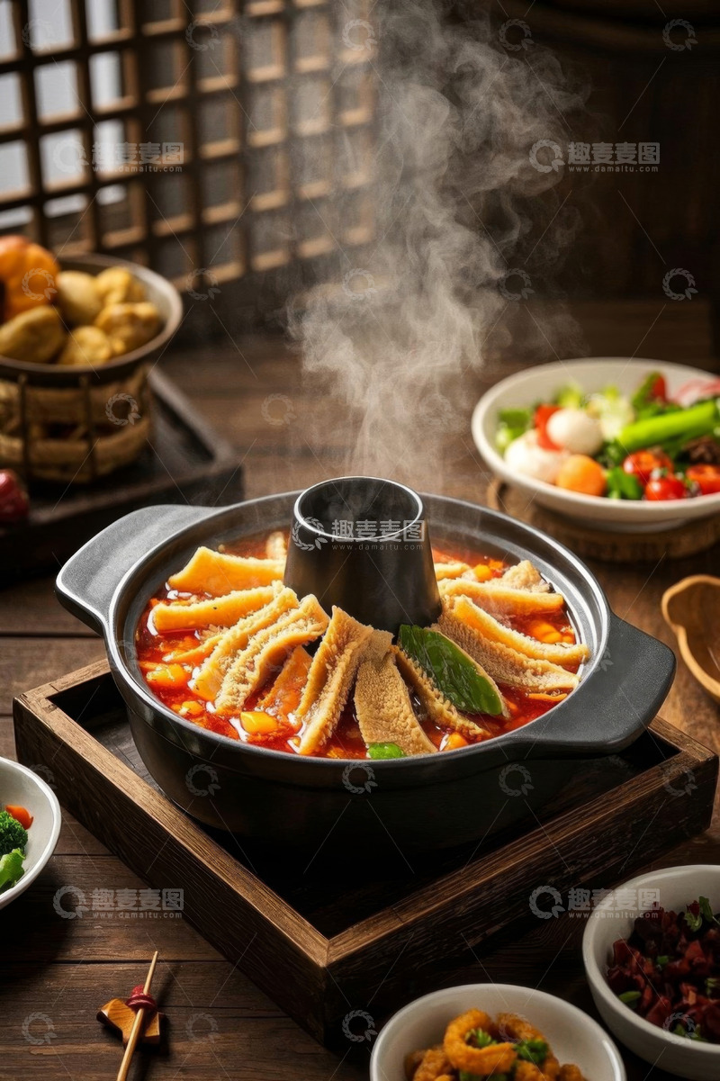 高清大图下载【趣麦麦图】热气腾腾的火锅及多样配菜