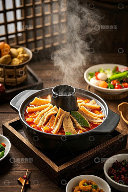 热气腾腾的火锅及多样配菜