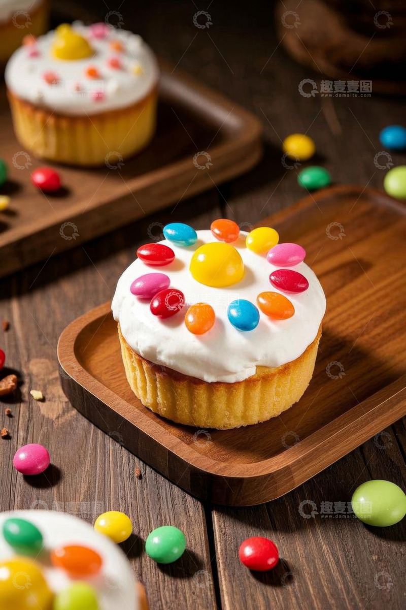 高清大图下载【趣麦麦图】木盘上装饰糖果的纸杯蛋糕